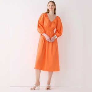 J. Crew V-Neck Cotton Poplin Orange Midi Dress Balloon Sleeve Peasant Dress